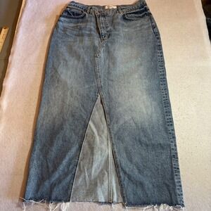 Reformation Nila Long Denim Skirt Galway Blue Maxi Raw Hem Size 30